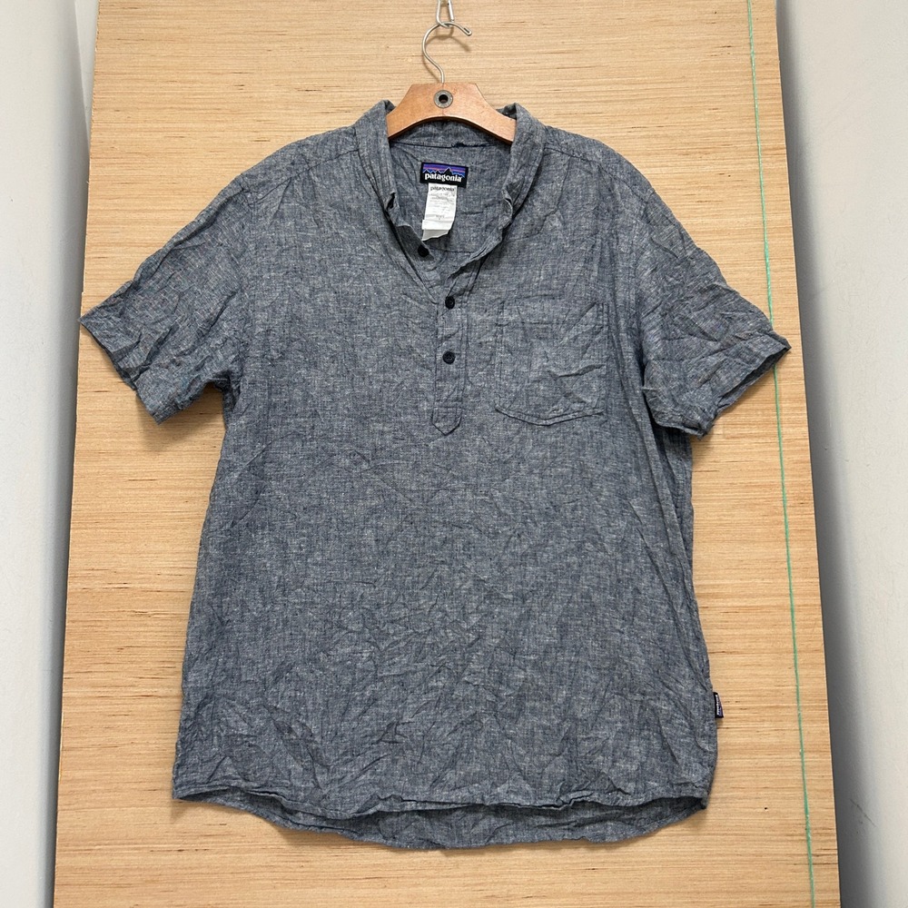 Patagonia Mens Large Hemp Organic Cotton Short Sleeve Popover Shirt Blue Grey